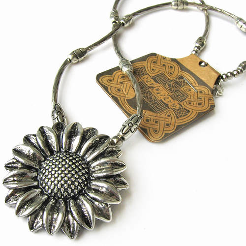 Large Vintage Tibetan Silver Sunflower Amulet Pendant Necklace with 2" Extension